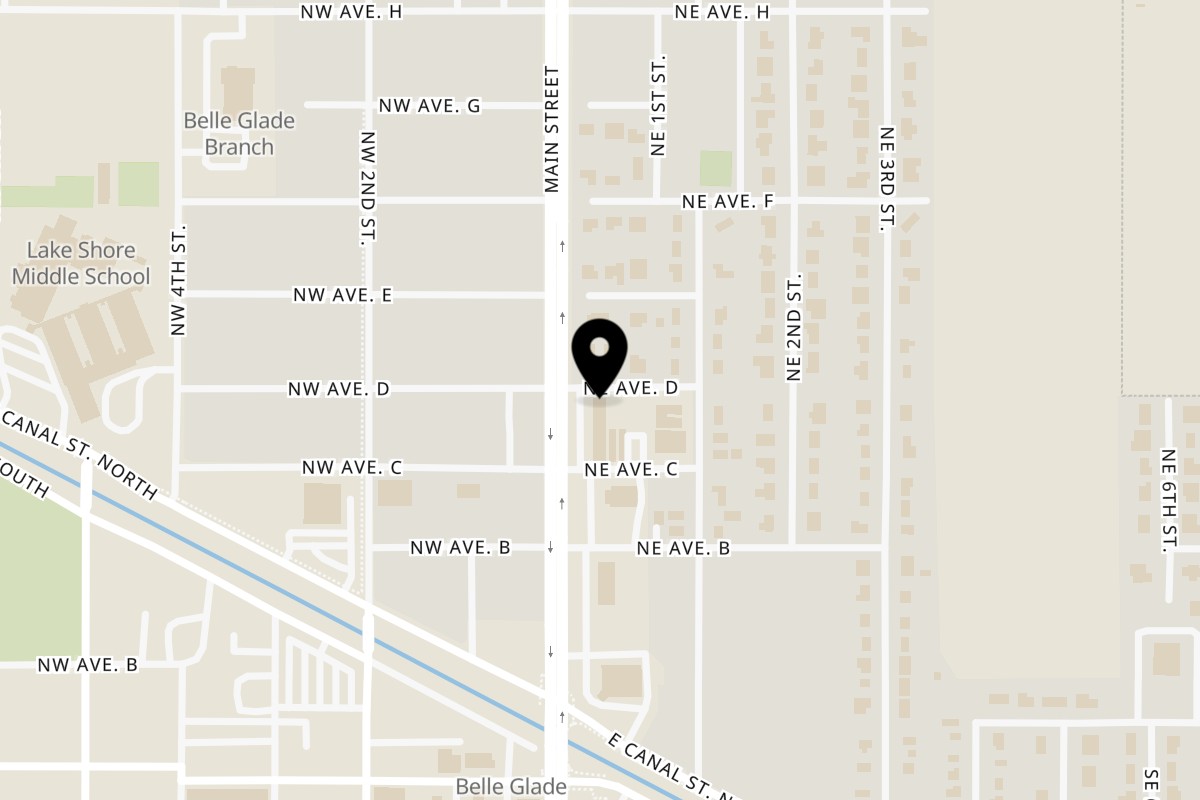 Map showing the location of Mr. Shrimp Belle Glade on 329 N Main St in Belle Glade